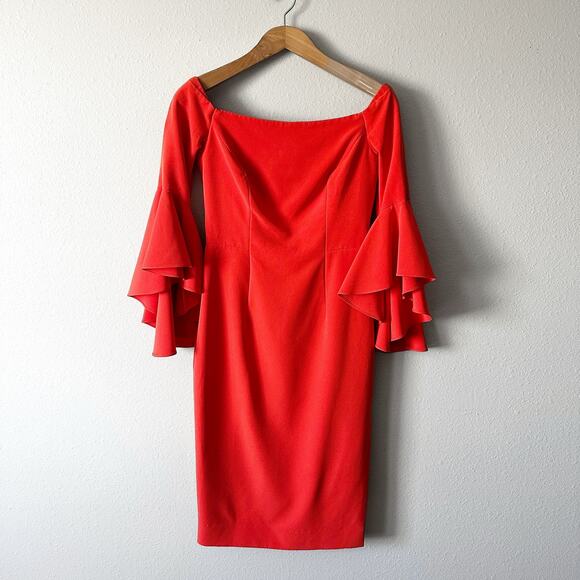 Milly Off-Shoulder Red-Orange Midi Dress - Picture 2 of 16